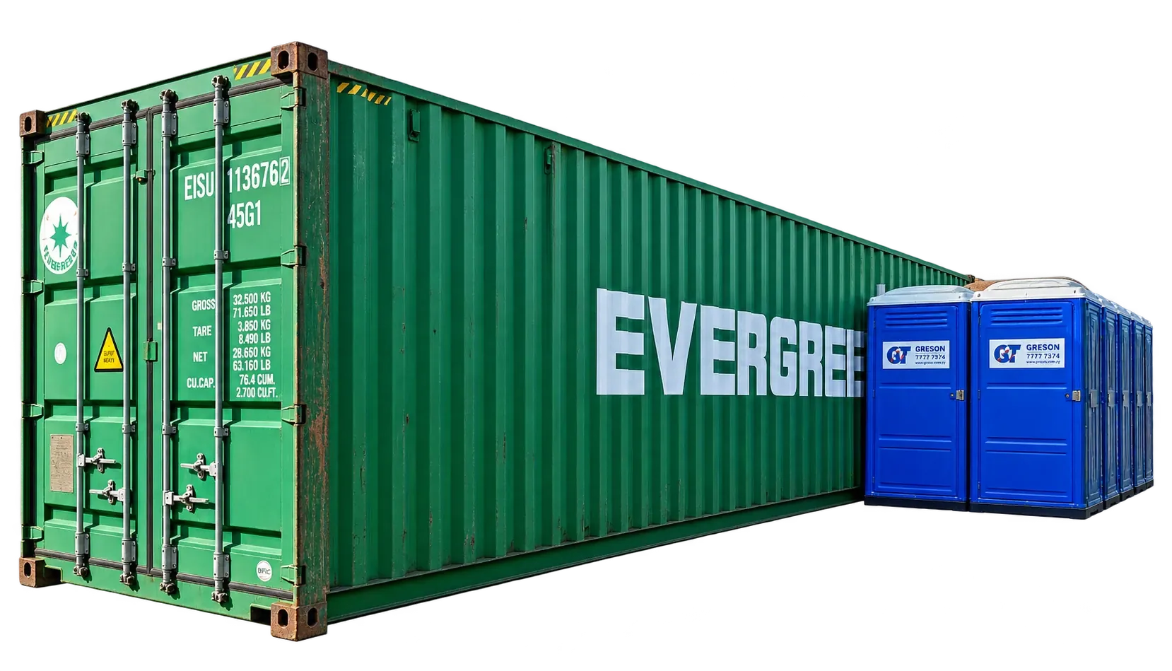 40 ft storage container with two portable toilets beside it