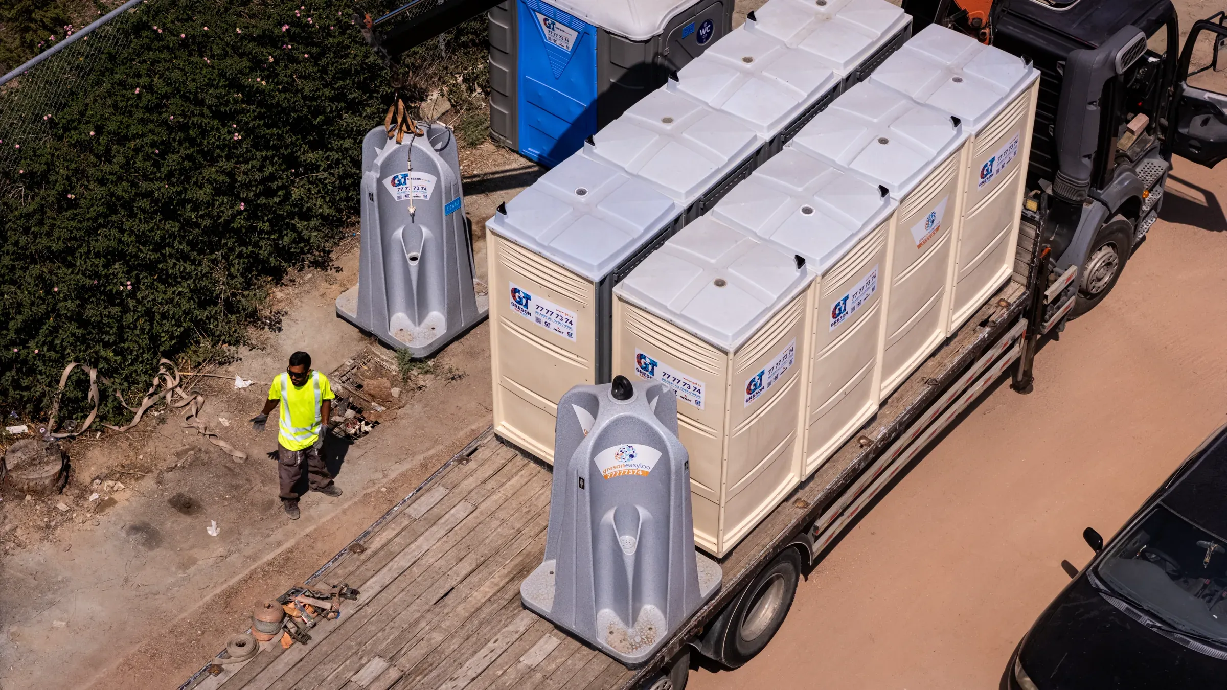 Greson Easy Loo lorry loaded with portable toilets for delivery